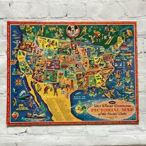 Vintage 1960s Walt Disney Characters Pictorial Map Puzzle USA Complete 11x14
